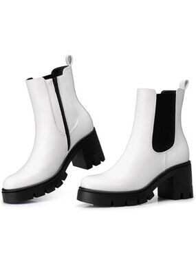 Women's Chelsea Ankle Boots 2.91 Inches Chunky Heels Platform Short Boot White
